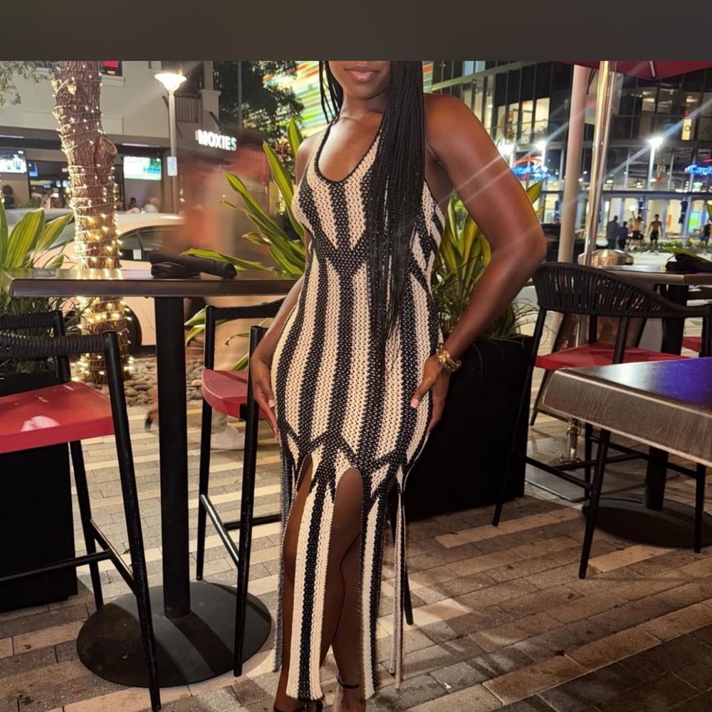 Fashion Nova Black and Cream Striped Dress
